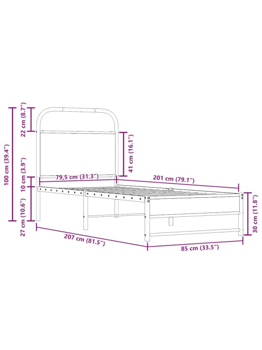 Voodiraam ilma madratsita, suitsutatud tamm, 80x200 cm