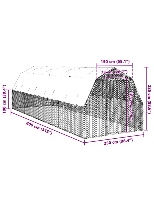 Kanajooks katusega 2,5x8x2,25 m tsingitud teras