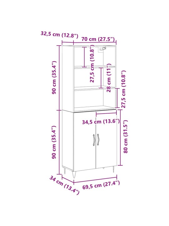Kõrge kapp must tamme 69.5x34x180 cm töödeldud puit