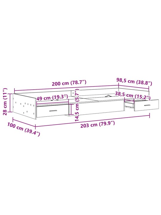 Voodi hoiukohaga raam peaga sahtliga must tamm 100 x 200 cm tehispuit