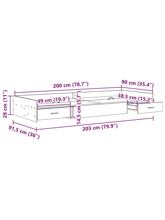 Voodi hoiukohaga raam peaga sahtliga käsitööpuu 90 x 200 cm tehispuit