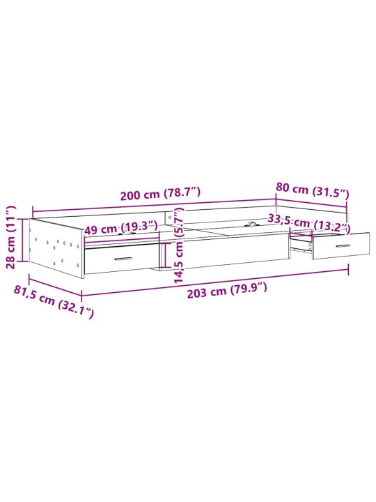 Voodi hoiukohaga raam peaga sahtliga must tamm 80 x 200 cm tehispuit