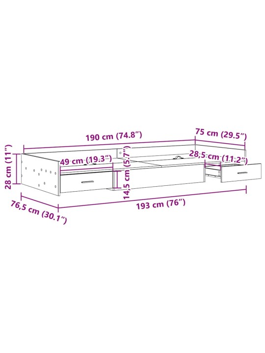 Voodi hoiukohaga raam peaga sahtliga must tamm 75 x 190 cm tehispuit