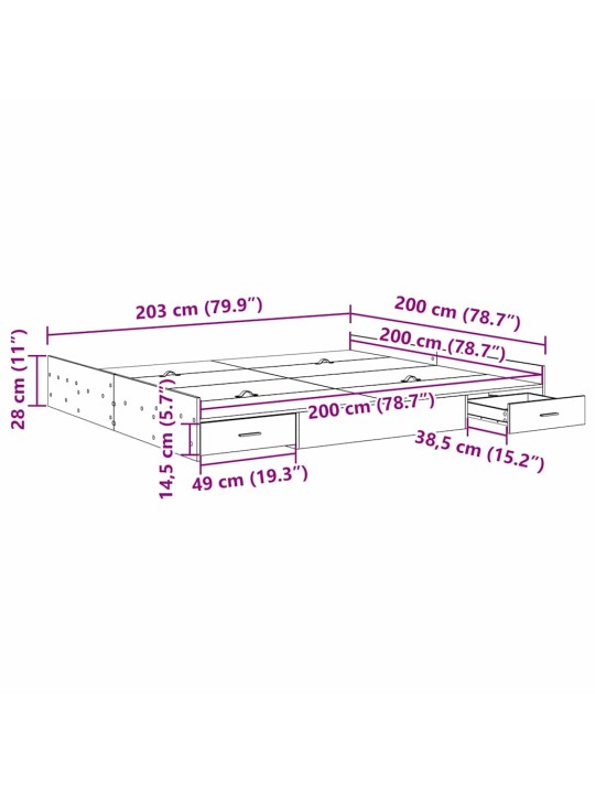 Voodi hoiukohaga raam suitsutatud tamm 200 x 200 cm tehispuit