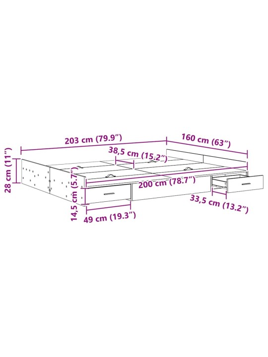 Voodi hoiukohaga raam peaga sonoma tamm 160 x 200 cm tehispuit