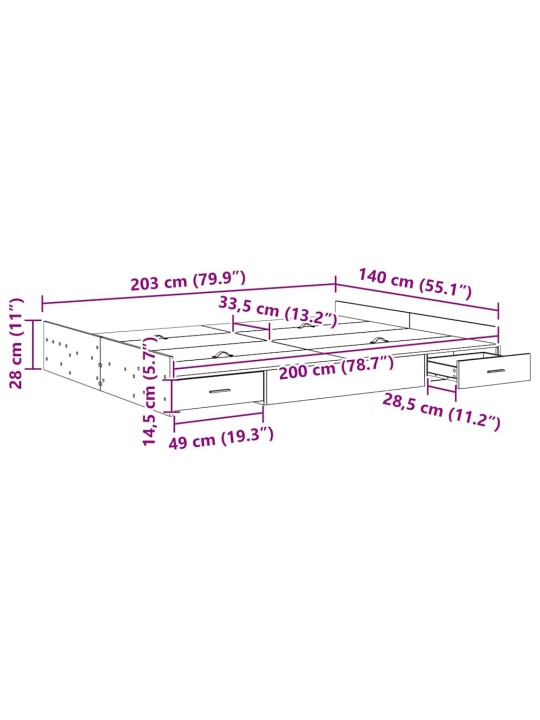 Voodi hoiukohaga raam suitsutatud tamm 140 x 200 cm tehispuit