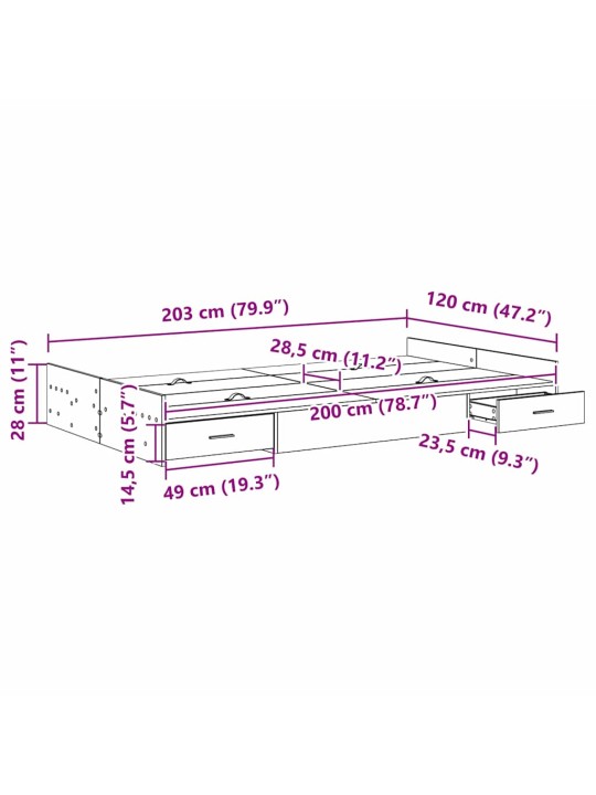 Voodi hoiukohaga raam peaga sonoma tamm 120 x 200 cm tehispuit