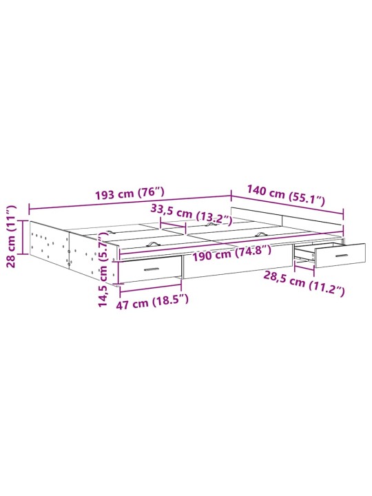 Voodi hoiukohaga raam suitsutatud tamm 140 x 190 cm tehispuit