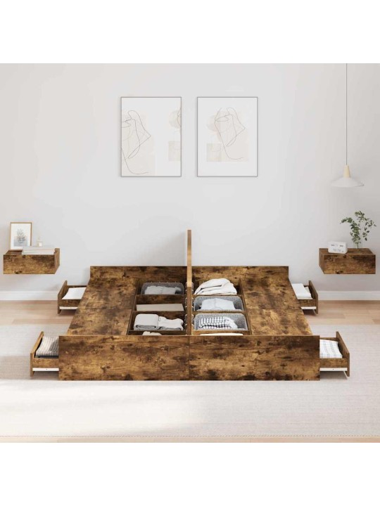 Voodi hoiukohaga raam suitsutatud tamm 135 x 190 cm tehispuit