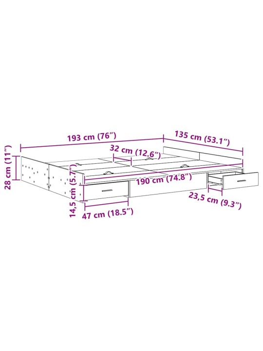 Voodi hoiukohaga raam suitsutatud tamm 135 x 190 cm tehispuit