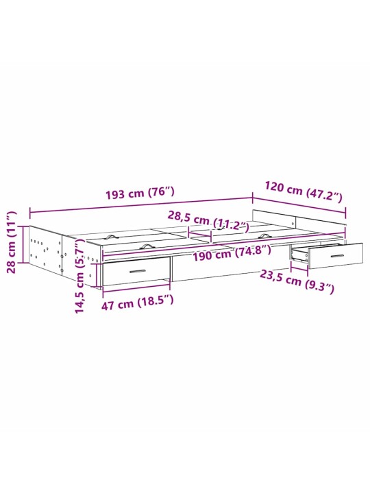 Voodi hoiukohaga raam suitsutatud tamm 120 x 190 cm tehispuit