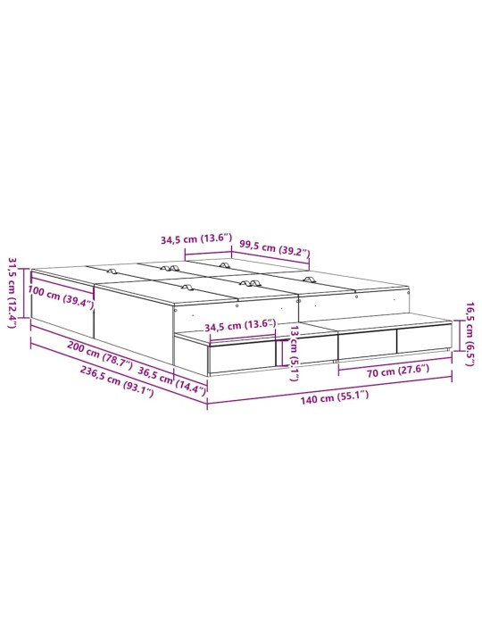 Voodi hoiukohaga raam valge 236.5 x 140 x 31.5 cm tehispuit
