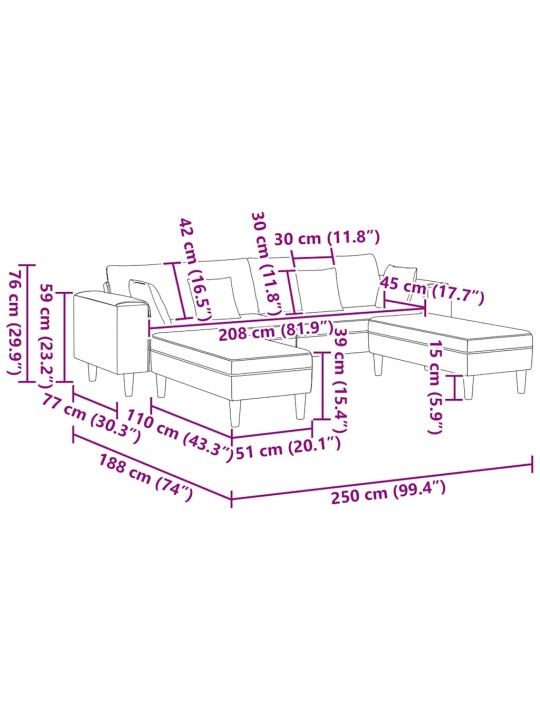 Sametdiivan padjaga 3 tk tumehall 208 cm samet