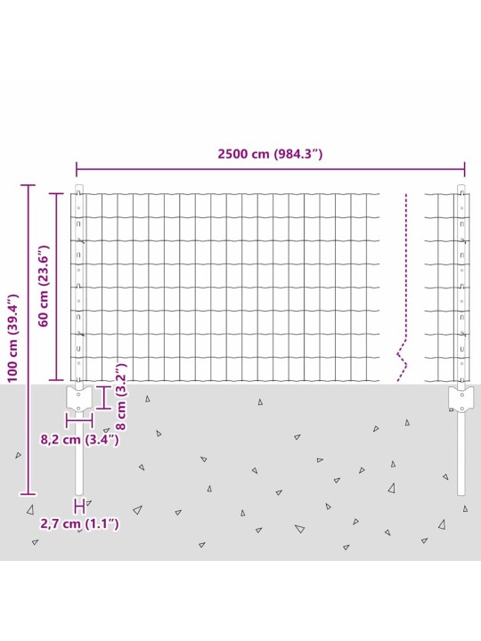 Aed koos postidega hõbedane 0.6 x 25 m teras