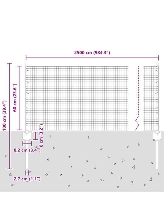 Aed koos postidega hõbedane 0.6 x 25 m teras