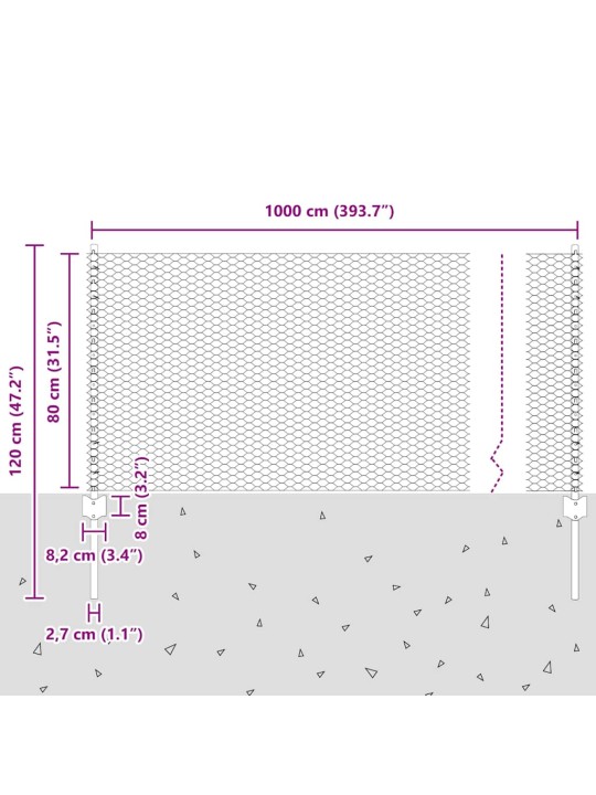 Aed koos postidega hõbedane 0.8 x 10 m teras