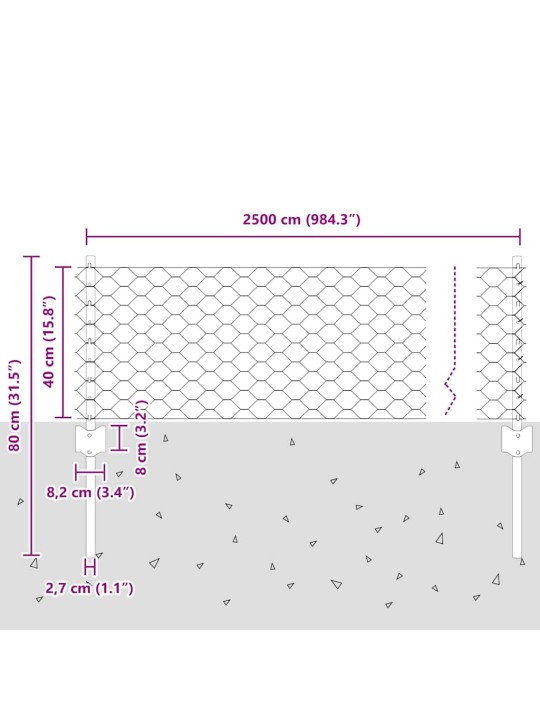 Aed koos postidega hõbedane 0.4 x 25 m teras