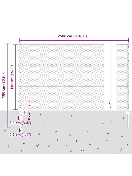 Aed koos postidega hõbedane 1.4 x 25 m teras