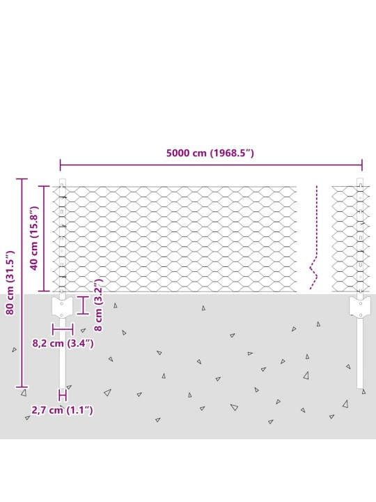 Aed koos postidega hõbedane 0.4 x 50 m teras
