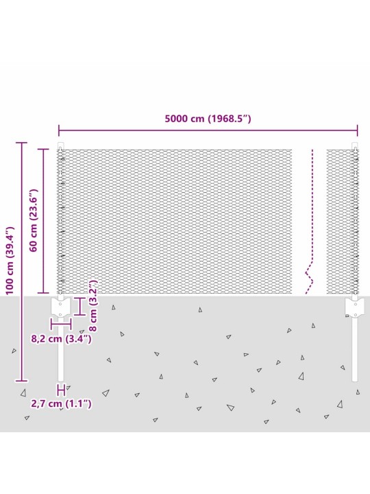 Aed koos postidega hõbedane 0.6 x 50 m teras