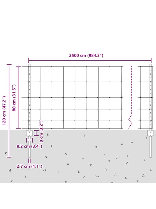 Aed koos postidega hõbedane 0.8 x 25 m teras