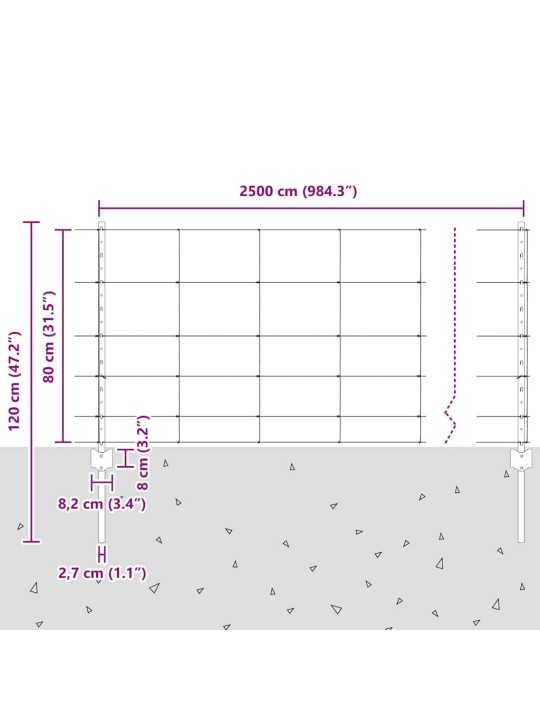 Aed koos postidega hõbedane 0.8 x 25 m teras