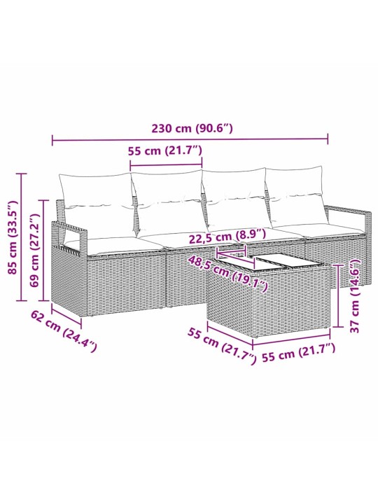 Aia diivanikomplekt 5 tk hall 55 x 55 x 37 cm polürotang