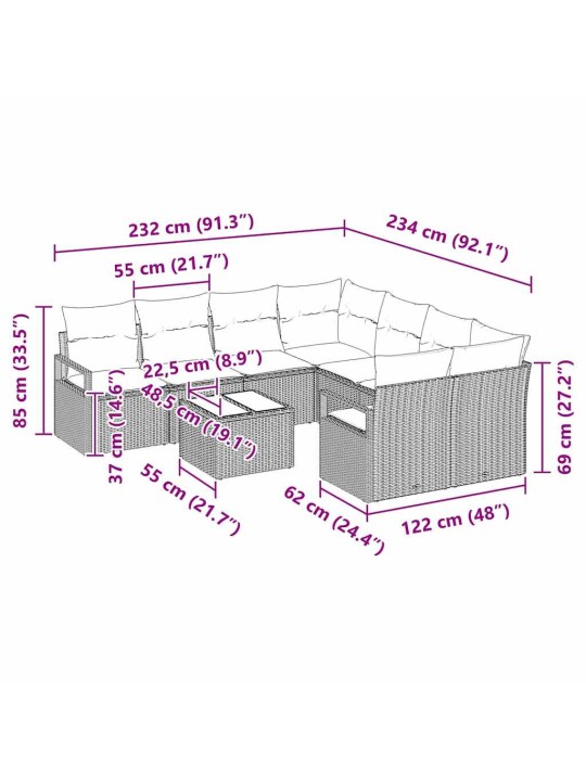 Aia diivanikomplekt 9 tk hall 55 x 55 x 37 cm polürotang