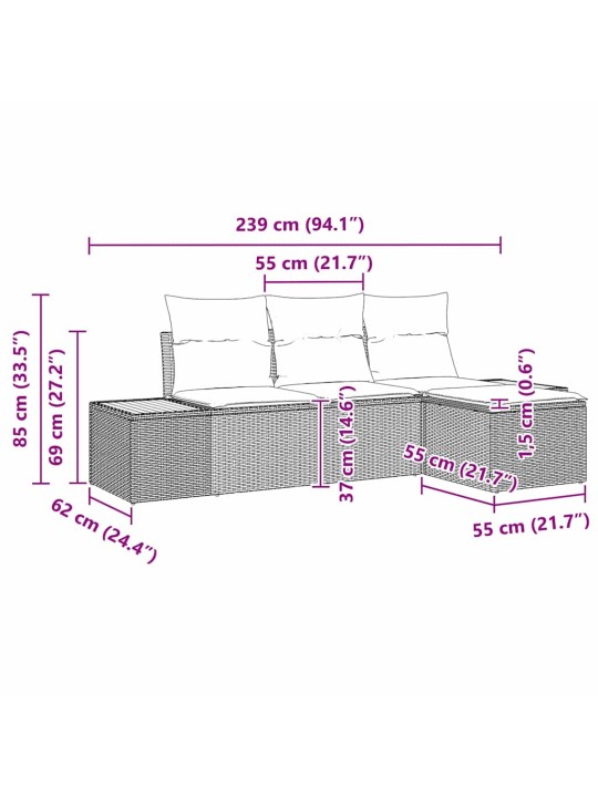 Padjaga reguleeritav 4 tk beež 239 x 117 x 37 cm