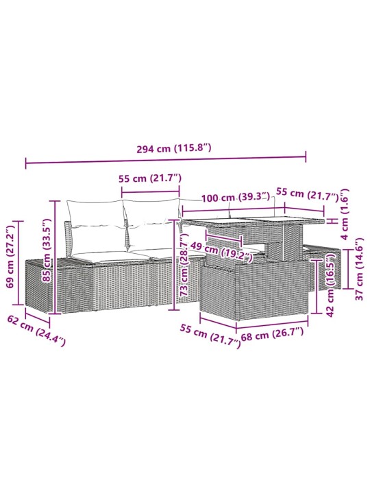Aia diivanikomplekt 5 tk must ja kreemjas 100 x 55 x 73 cm