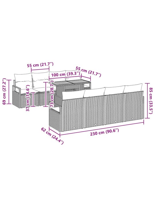 Aia diivanikomplekt 9 tk hall ja pruun 100 x 55 x 73 cm