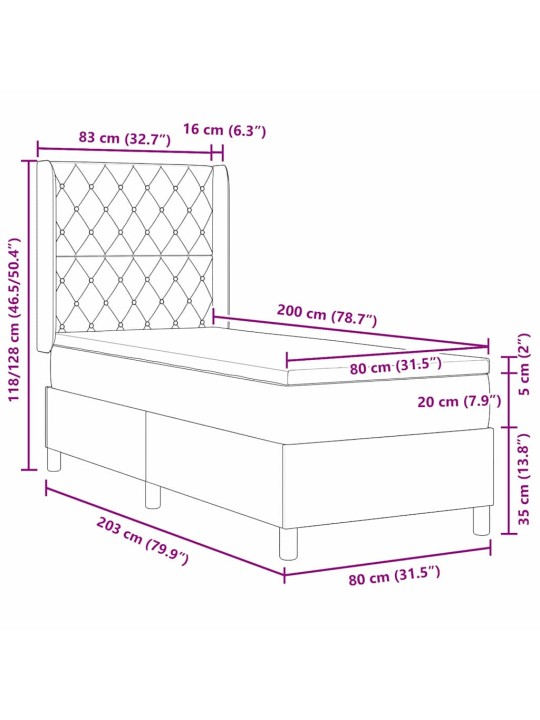 Kontinentaalvoodi peatsiga tumehall 80 x 200 cm samet