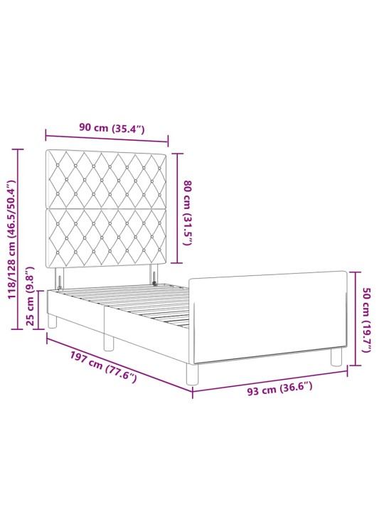 Voodi raam peaga must 90 x 190 cm samet