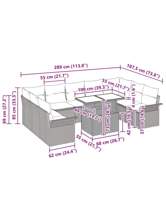 Aia diivanikomplekt 10 tk hall 100 x 55 x 73 cm polürooster