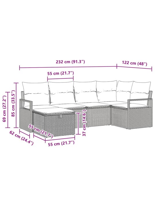 Aia diivanikomplekt 6 tk beež ja helehall 232 x 122 x 85 cm