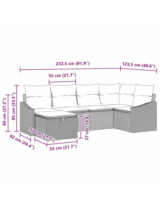 Aia diivanikomplekt 6 tk hall polü rattan, pulberkattega teras
