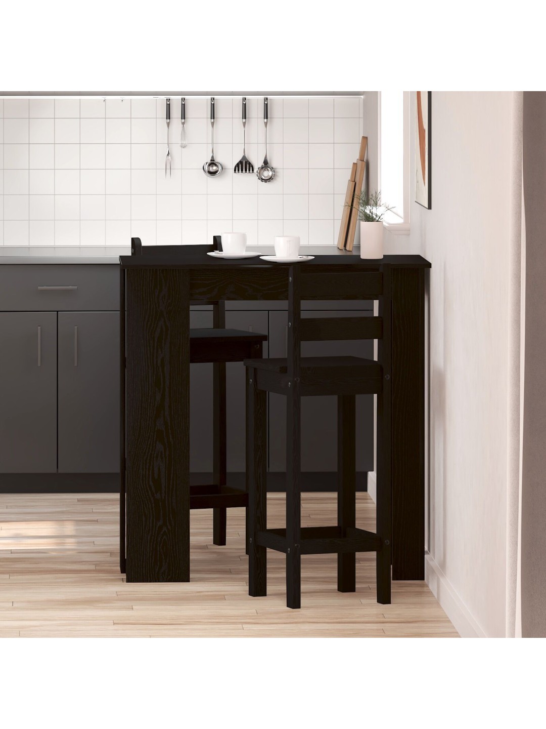 BAARILAUD KOOS RIIULIGA - MUST TAMME, 102X50X103.5 CM, VALMISTATUD TÖÖTLEMISEL KASUTATAVAST PUIDUST