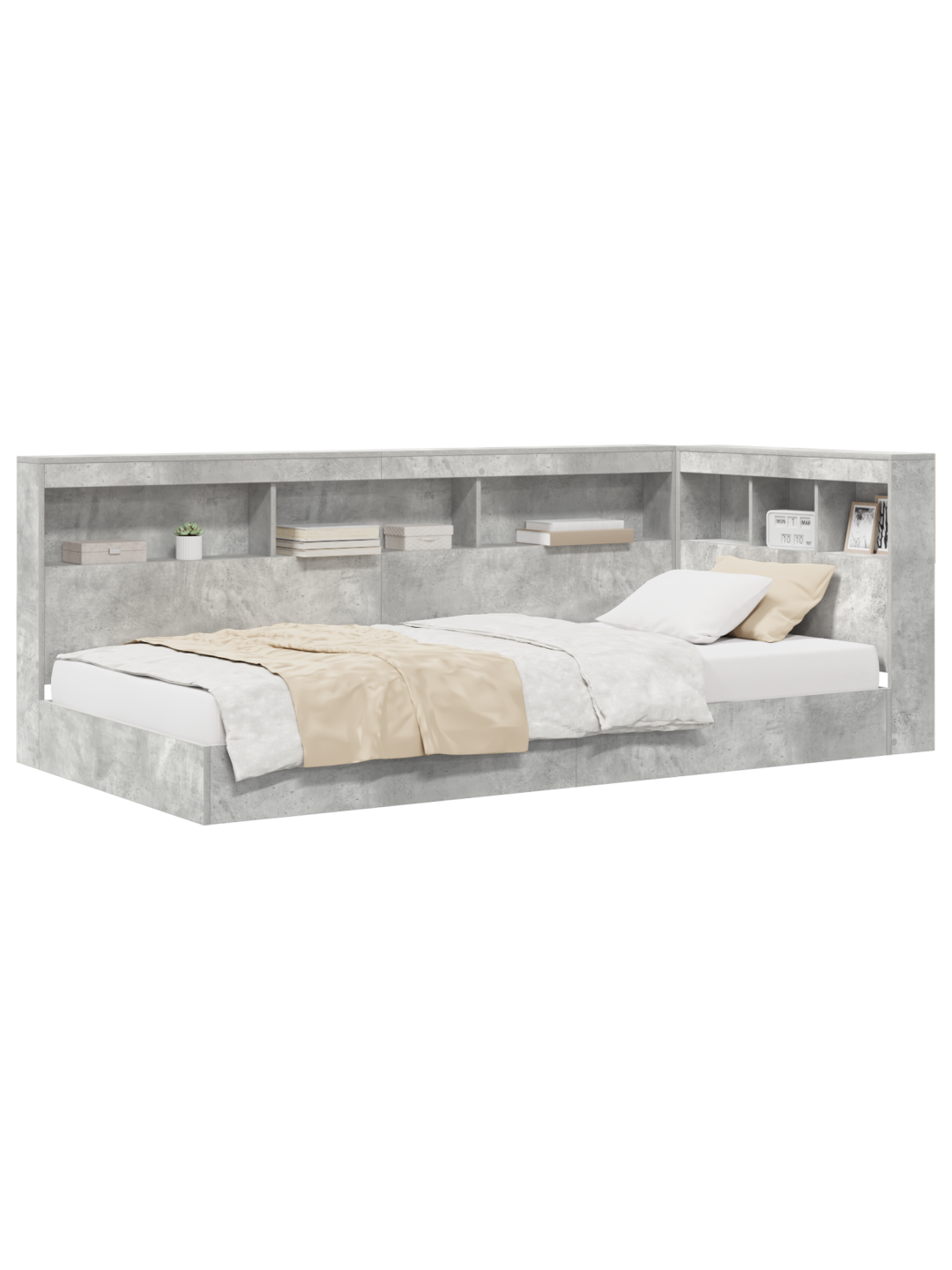 Raamaturiiuliga voodi betoonhall 75x190 cm töödeldud puit