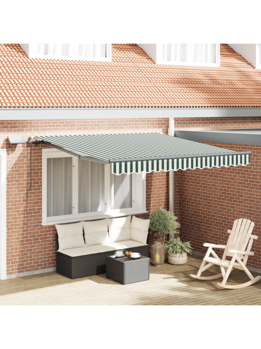 Käsitsi sissetõmmatav varikatus koos led roheline ja valge 350x250 cm, varikatus asenduskangas 3,5x2,5 m raami roheline ja valge