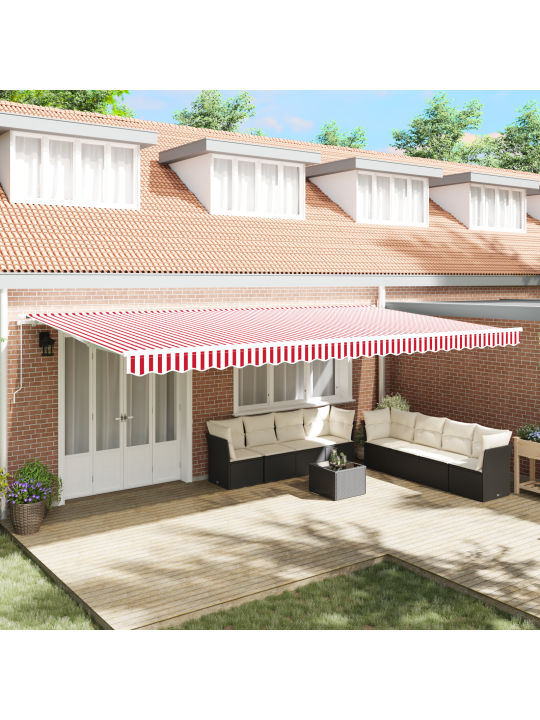 Manuaalne sissetõmmatav varikatus punaste ja valgete triipudega 600x350 cm
