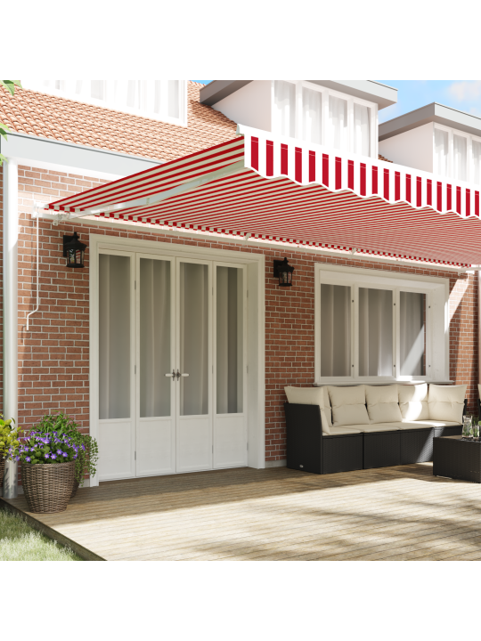 Manuaalne sissetõmmatav varikatus punaste ja valgete triipudega 600x350 cm