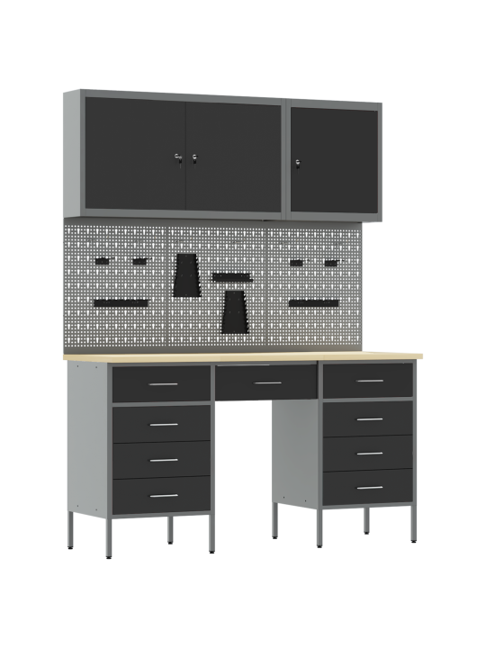 8-osaline töökapid ja peegboard komplekt, must mdf ja metall