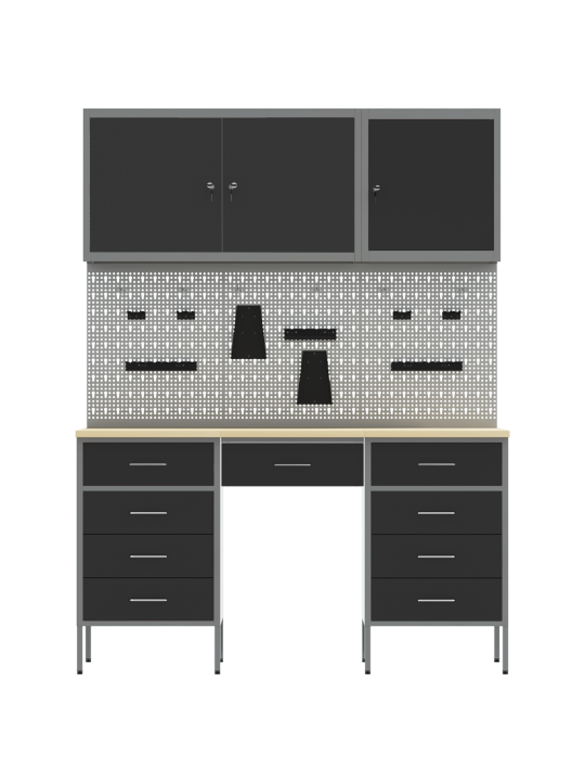 8-osaline töökapid ja peegboard komplekt, must mdf ja metall