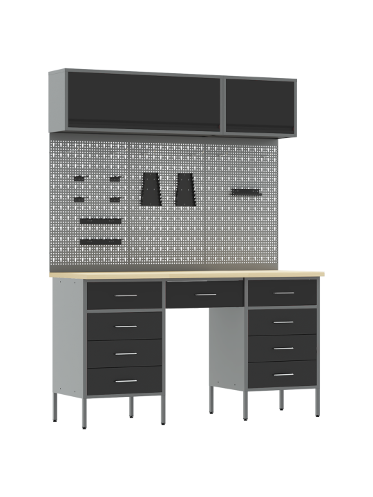 8-osaline töökapid ja pegboard komplekt must mdf ja metall