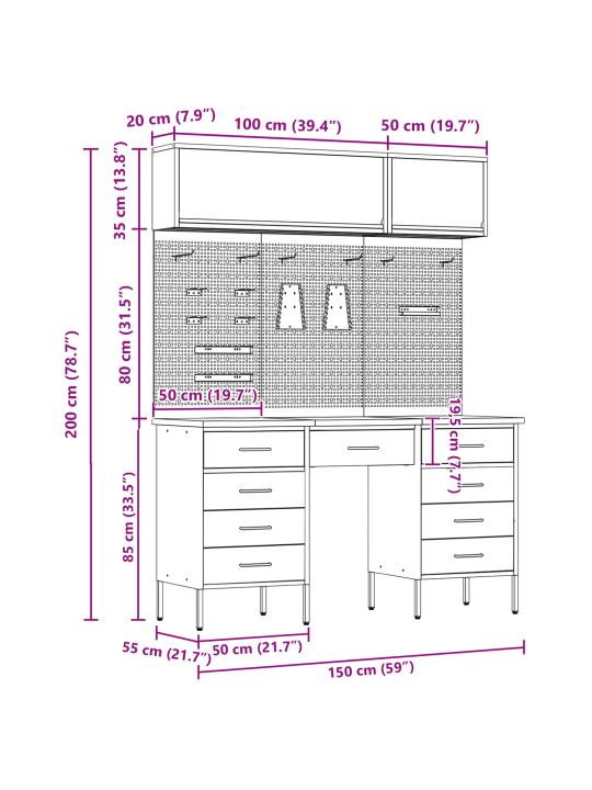 8-osaline töökapid ja pegboard komplekt must mdf ja metall