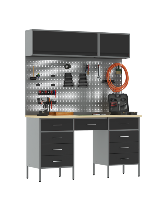 8-osaline töökapid ja pegboard komplekt must mdf ja metall