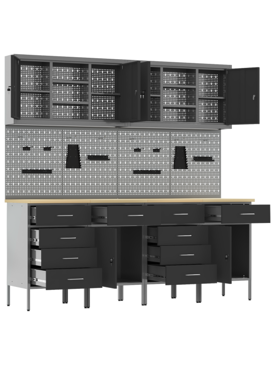 10-osaline töökapide ja plangutiku komplekt mustast mdf-st ja metallist