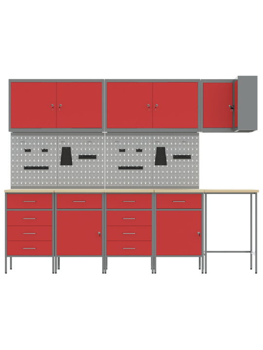 12-osaline töökapid ja pegboard komplekt punasest mdf-ist ja metallist