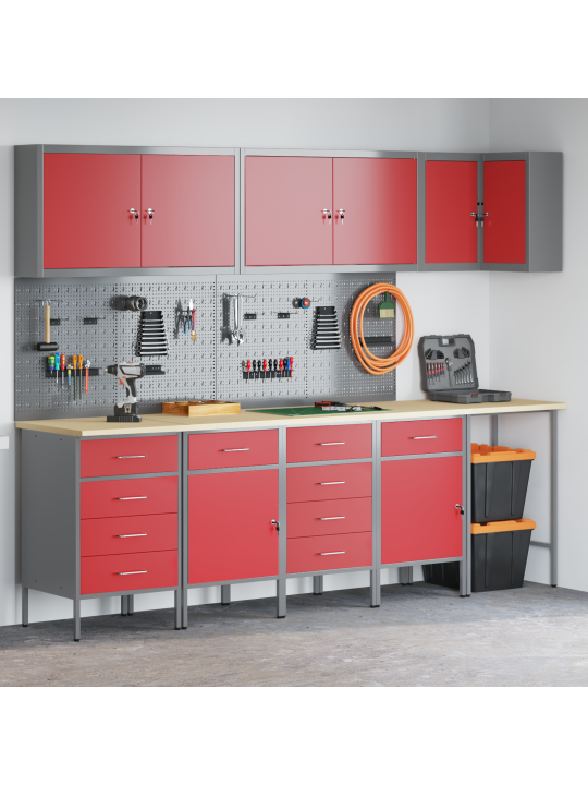 12-osaline töökapid ja pegboard komplekt punasest mdf-ist ja metallist