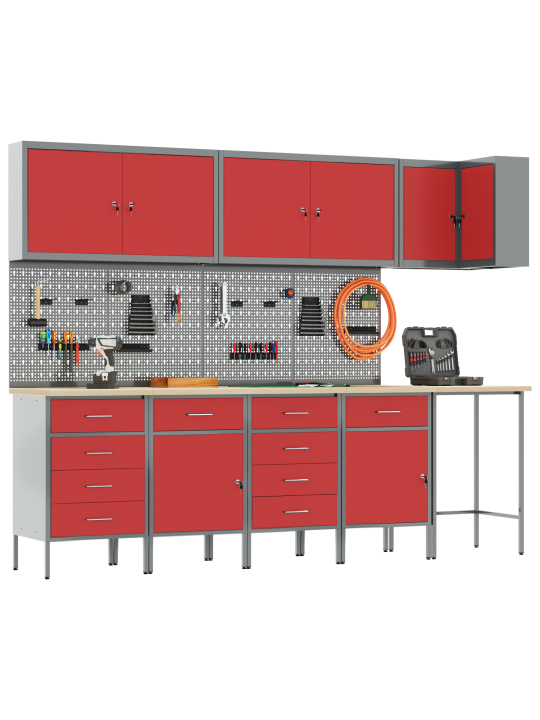 12-osaline töökapid ja pegboard komplekt punasest mdf-ist ja metallist
